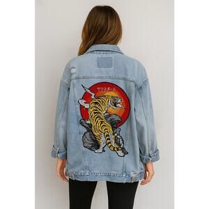 Japanese TIGER Sunset Retro Distressed Denim Jacket Oversized Distressed Sz SP